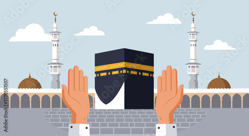 A digital illustration of a Muslim man and woman in pilgrimage attire, standing in front of the Kaaba in Mecca. They are seen making du'a (prayers) with the Kaaba in the background under a clear blue 