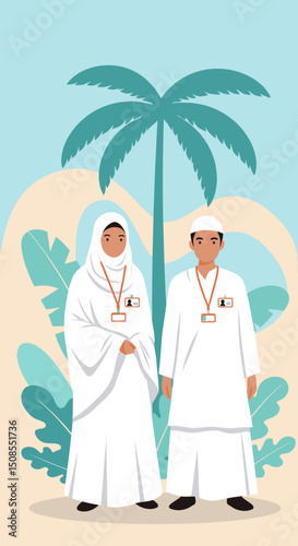 A couple in Hajj attire standing under a crescent moon and palm trees, symbolizing the start of their spiritual pilgrimage to Mecca.
