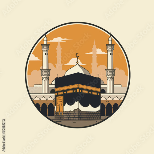  An artistic and symbolic representation of the Kaaba in Mecca, with an elegant golden frame, signifying its sacred importance in Islam.