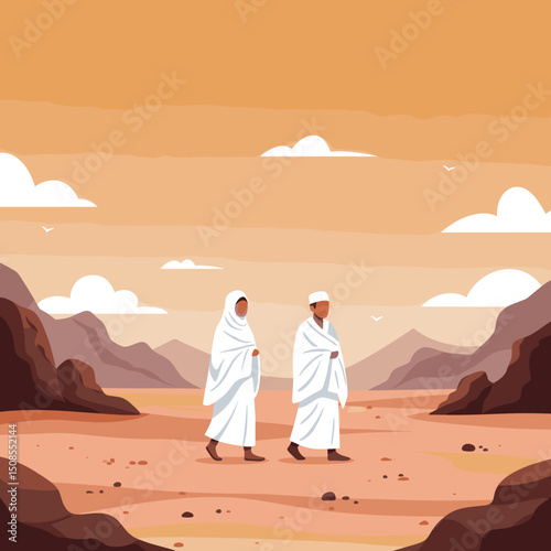 A couple in Hajj attire standing under a crescent moon and palm trees, symbolizing the start of their spiritual pilgrimage to Mecca.