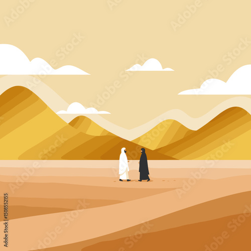 A couple in Hajj attire standing under a crescent moon and palm trees, symbolizing the start of their spiritual pilgrimage to Mecca.