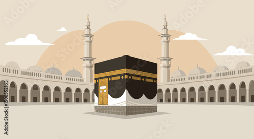 A minimalist illustration of the Kaaba in Mecca, surrounded by a beautiful blue sky, symbolizing the heart of the Islamic world and the pilgrimage.