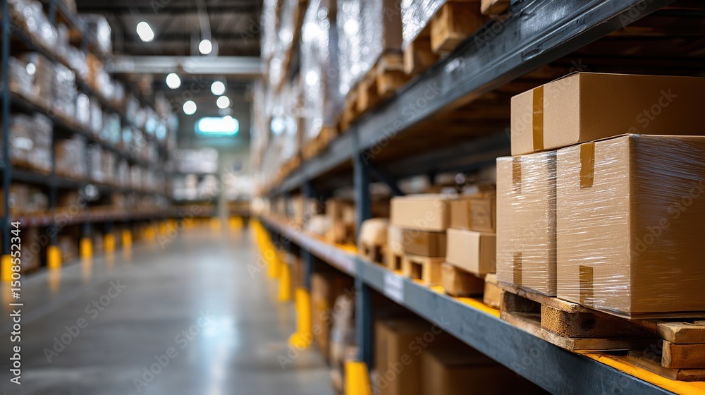 Fototapeta premium An industrial warehouse filled with storage boxes labeled for shipping, a distribution center storing cargo for the import export industry