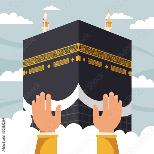 A couple in pilgrimage attire standing in front of the Kaaba in Mecca, representing the beginning of a sacred journey during Hajj.
