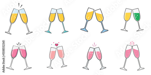 Vector illustration of multiple toasting champagne glasses, outline