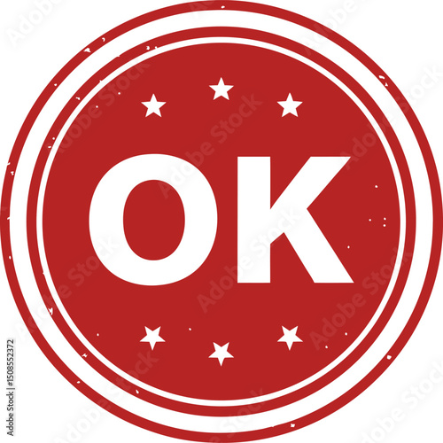Red "OK" Stamp with Stars and Grunge Texture: Positive Confirmation Graphic Element.