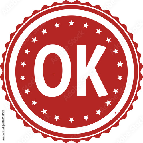 Red and White OK Symbol Seal with Stars, Serrated Edge, Isolated on White.