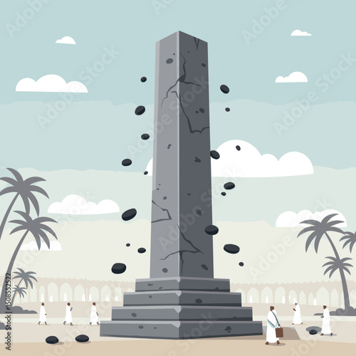 A modern monument is breaking apart, with flying pieces of debris, symbolizing destruction and impact.