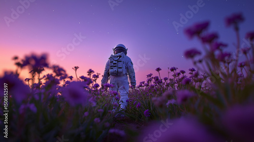 Astronaut walking through a flower field at twilight, soft purple glow in the sky,  serene sci-fi aesthetic