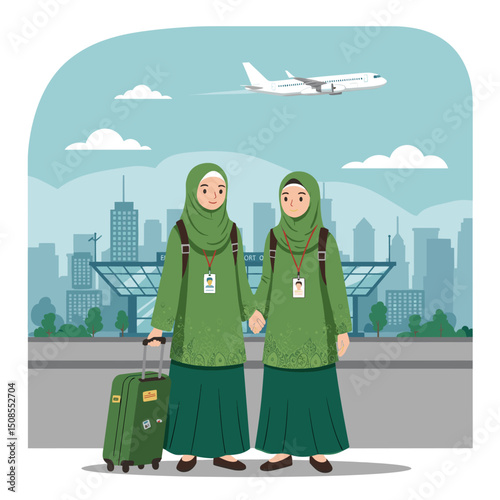 A couple in green Hajj attire standing at the airport, ready for their pilgrimage journey, with luggage in tow, symbolizing the start of their sacred journey.