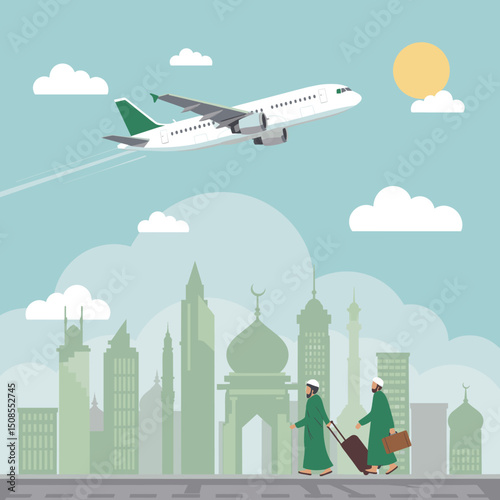 A couple in green Hajj attire standing at the airport, ready for their pilgrimage journey, with luggage in tow, symbolizing the start of their sacred journey.