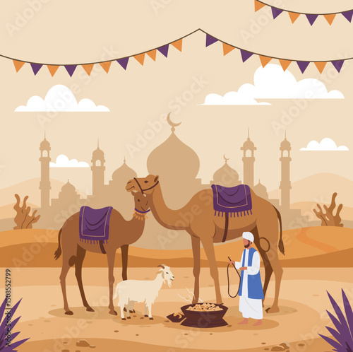 A camel and goat are standing in front of a desert scene with a mosque in the background, symbolizing sacrifice and the Islamic tradition of Eid al-Adha.