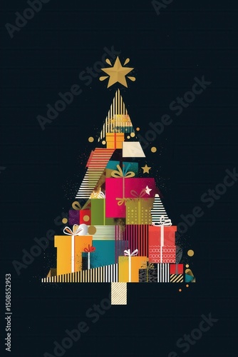 Modern geometric Christmas tree made of colourful wrapped gift boxes on dark background