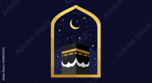 A minimalist illustration of the Kaaba in Mecca, surrounded by a beautiful blue sky, symbolizing the heart of the Islamic world and the pilgrimage.