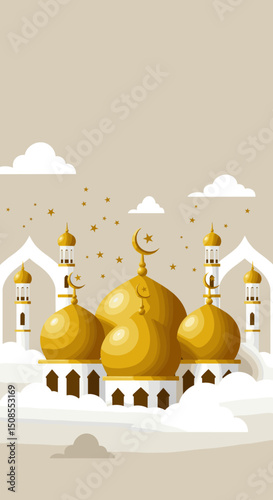  A group of people walking in front of a mosque with a golden dome, symbolizing faith and community in Islam.