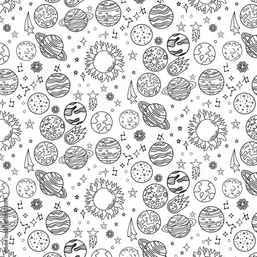 Planet from solar system doodle hand drawn seamless pattern