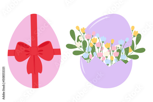 Egg with Tied Bow and Floral bouquet in Cracked Eggshell Easter or Spring greeting design elements