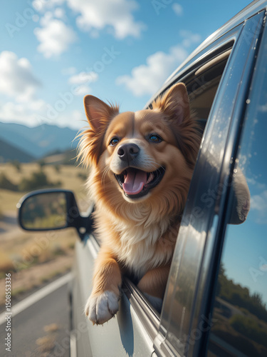 A cute dog joyfully sticking its head out of a car window enjoying the breeze and scenery on the drive