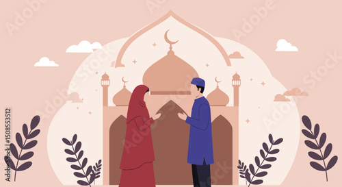 A boy and girl standing in front of a mosque, with a bright orange sunset in the background, symbolizing innocence and spirituality.