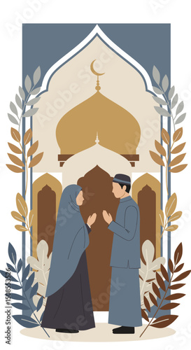 A boy and girl standing in front of a mosque, with a bright orange sunset in the background, symbolizing innocence and spirituality.