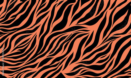 Black and orange zebra pattern background texture. A brown and black striped background with orange and black stripes. Zebra seamless pattern. Zebra stripes in doodle style. Flat design. Vector.