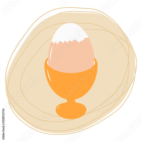 Hand drawn Partially peeled boiled egg in egg bowl on abstract Backdrop of spot and freehand lines