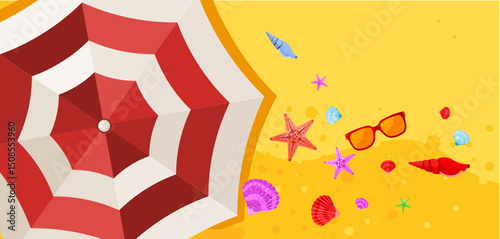 summer beach background with umbrella and seashells – vector illustration