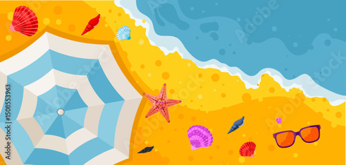 summer beach background with umbrella and seashells – vector illustration