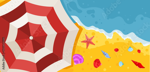 summer beach background with umbrella and seashells – vector illustration
