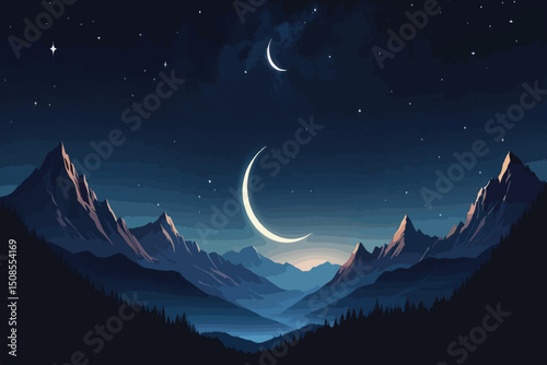 Night sky over majestic mountains, crescent moon and stars.