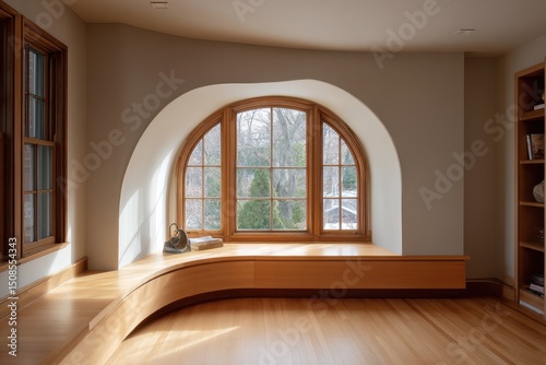 A curved wooden window seat with an arched bay window. photo