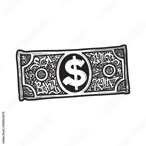 Abstract Black and White Vector Banknote with Graffiti Art Style