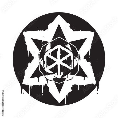 Sacred geometry icon with dripping paint in black and white vect