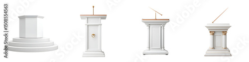 Elegant white podiums with ornate designs, showcasing a blend of classical and modern elements for speeches, presentations, and events.