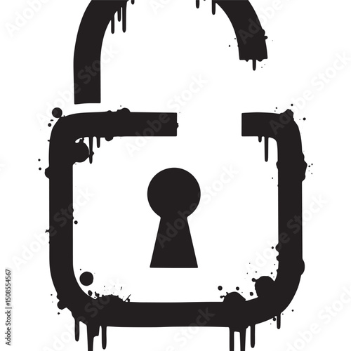 Unlock Icon with Stencil Dripping Paint, Black and White Vector