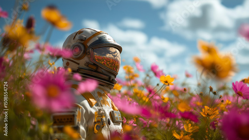 Astronaut standing still in vibrant flower field, helmet reflecting clouds, fantasy realism, soft focus
