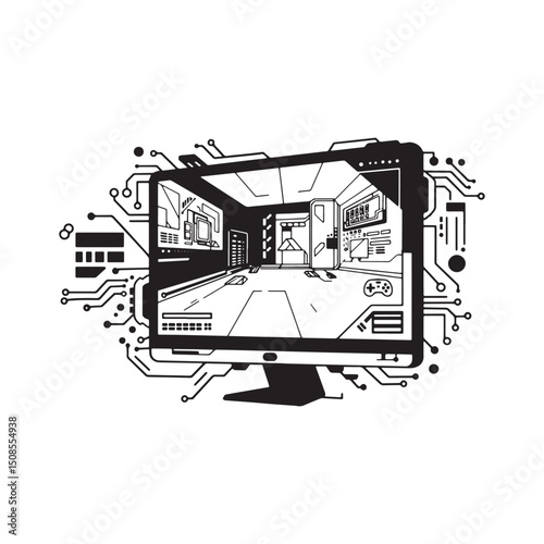 Cyberpunk Game Stream Icon on Monitor with Circuitry and Vector