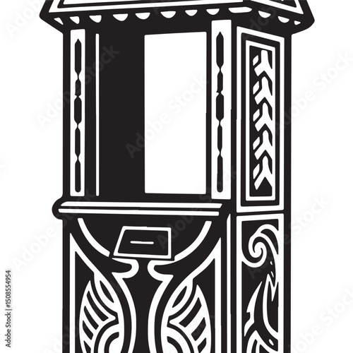 Intricate ticket booth illustration with tribal tattoo art style