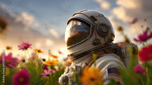 Astronaut standing still in vibrant flower field, helmet reflecting clouds, fantasy realism, soft focus
