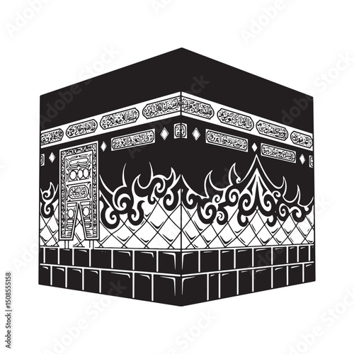 Striking Black and White Kaaba Illustration with Tribal Tattoo S