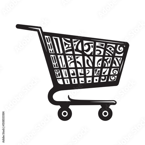 Ornate Shopping Cart Icon with Intricate Tribal Tattoo Design Ve