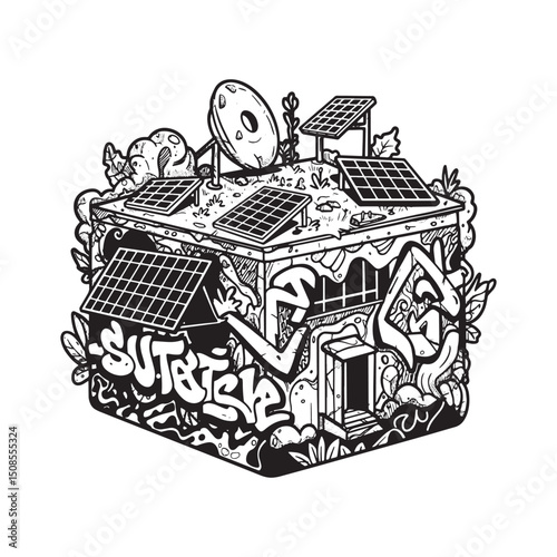 Sustainable architecture icon with graffiti tags in black and wh