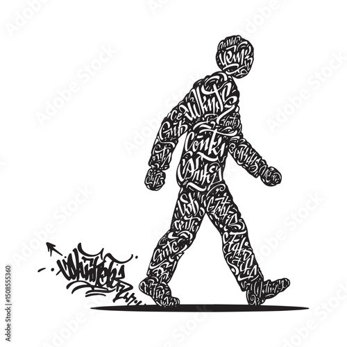 Black and White Vector Illustration of a Walking Man with Graffi