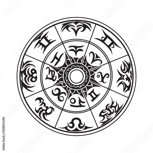 Tribal Zodiac Wheel, Astrological Signs Tattoo Style Black and W