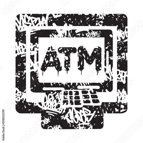 Urban Cash Machine, Grungy ATM Vector Icon with Graffiti Style D