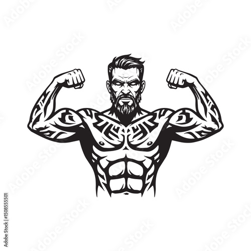 Strong muscular man with tribal tattoos, perfect for merchandise