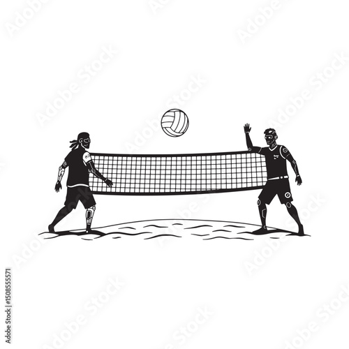 Cyberpunk Beach Volleyball Icon, Futuristic Sporting Vector Illu