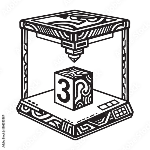 Intricate 3D Printing Machine Icon with Tribal Tattoo Elements