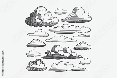 Clouds sketch. Vintage hand drawn sky background with large and small detailed cloudy shapes. Retro pencil drawing. Isolated monochrome cloudscape elements set.