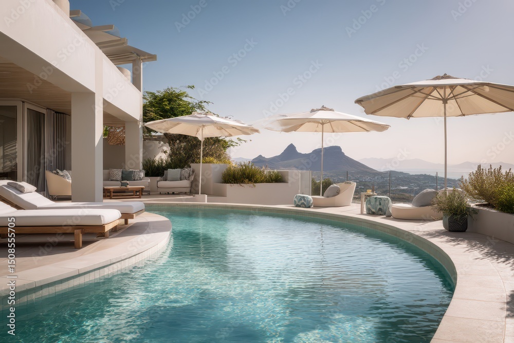 Fototapeta premium Luxurious poolside patio with mountain views.